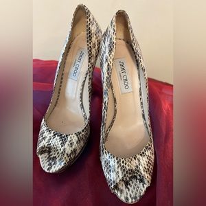 JIMMY CHOO Crown Snake Embossed leather open toe pumps Size 39.5